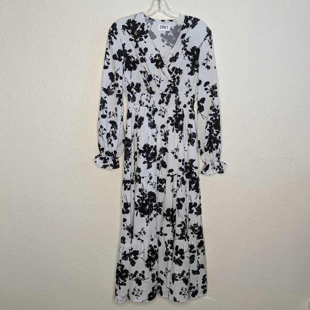 SHEIN* Women's Long Sleeve Cros body V-Neck Smock Waist Maxi Floral Dress~Medium